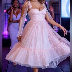 Romantic Light Pink Tulle Midi Dress with Sheer Bow Straps